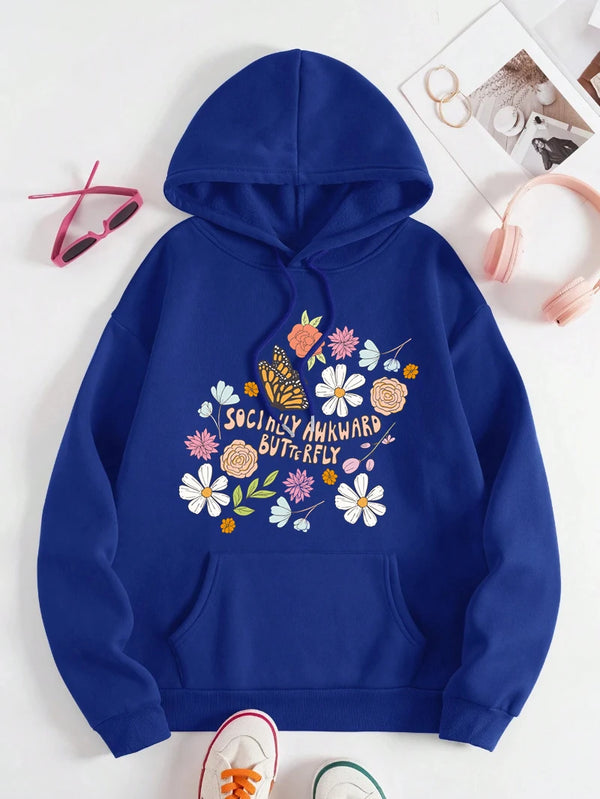 Flowers And Butterflies Hoodie Women Plants Prints Pocket Loose Pullover