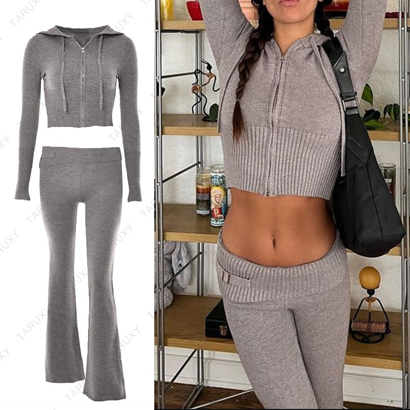 Damen Y2k Pullover Hoodie Outfits Lässiges Reißverschluss-Set mit hoher Taille