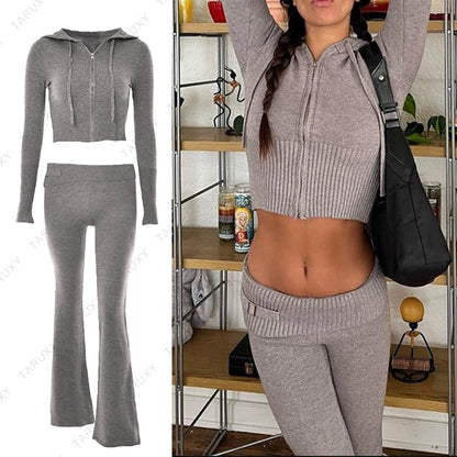 Women Y2k Sweater Hoodie Outfits Casual Zipper Set High Waist