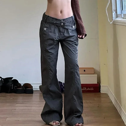 Y2K Low Waist Flare Belted Cargo Jeans Women