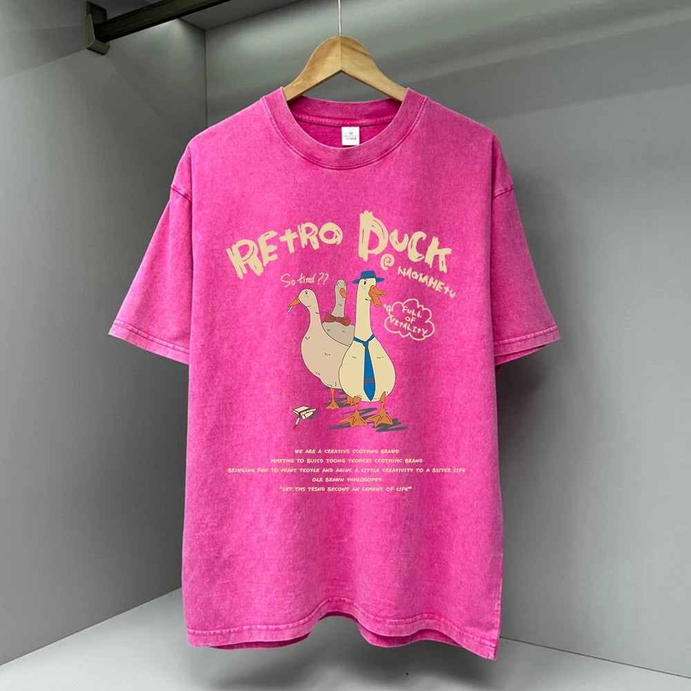 Three Ducks Retro Cartoon T-shirt for Men Summer Washed