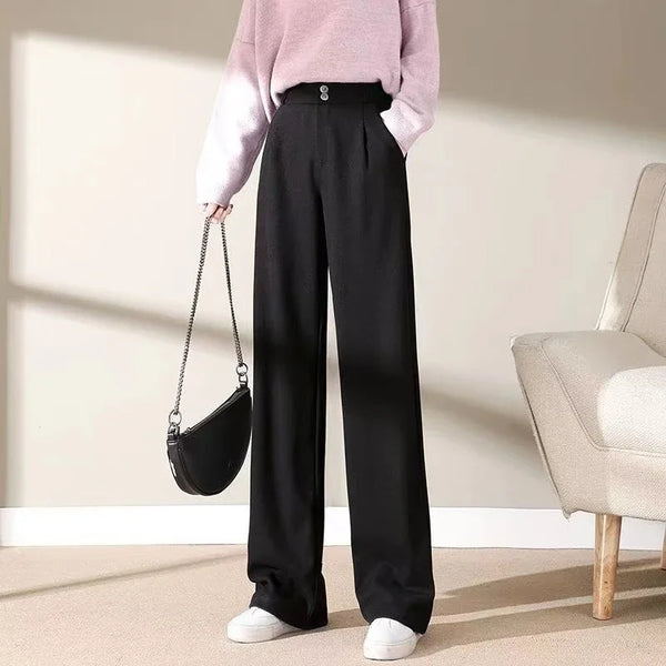Womens Wool Pants High Waist Straight Leg Thickened Winter Trousers