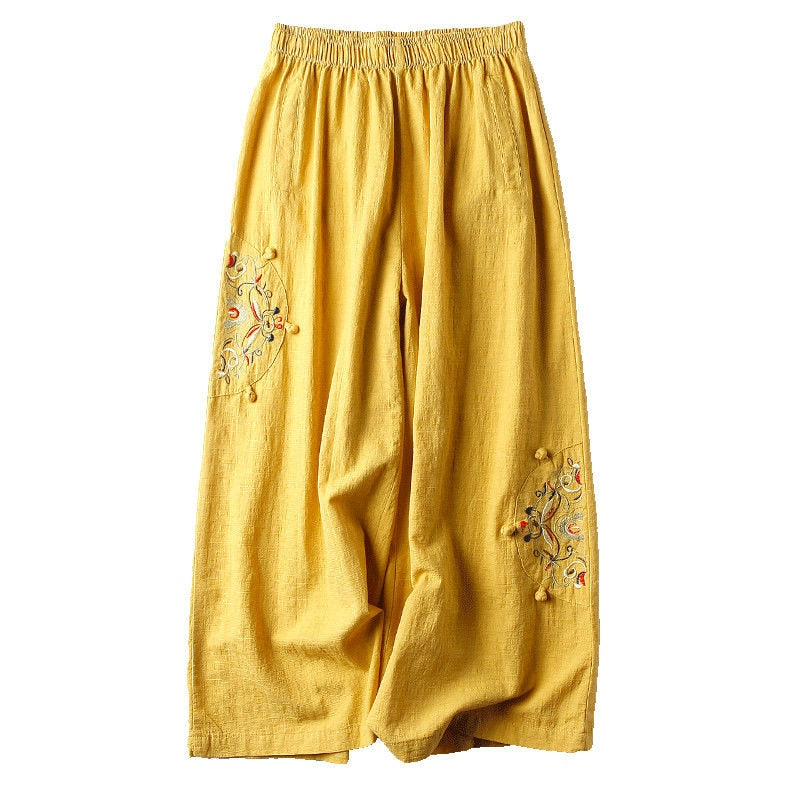 Women's Pants Retro Harajuku Embroidered Wide leg Pants Vintage Ankle Length Trousers - xinnzy