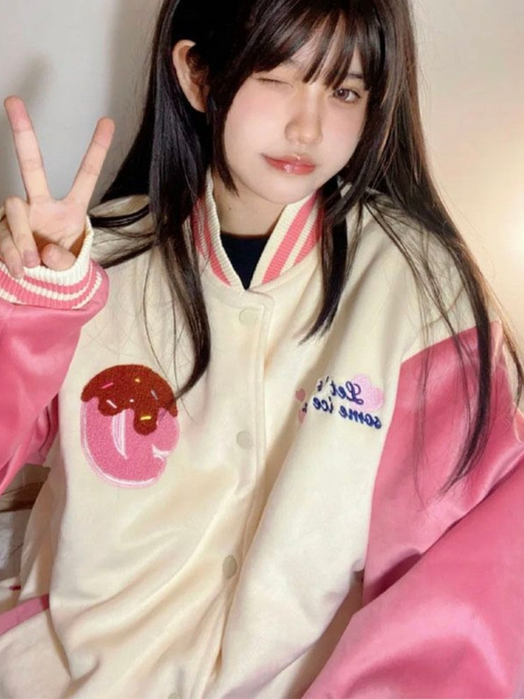 Rosa Hoodies Y2 Kawaii Damen Luxus Design Stickerei Baseball