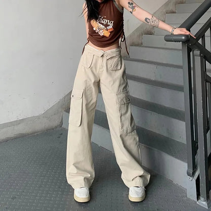 Cargo Pant Y2K Women Pockets Vintage Mid Waist Drawstring