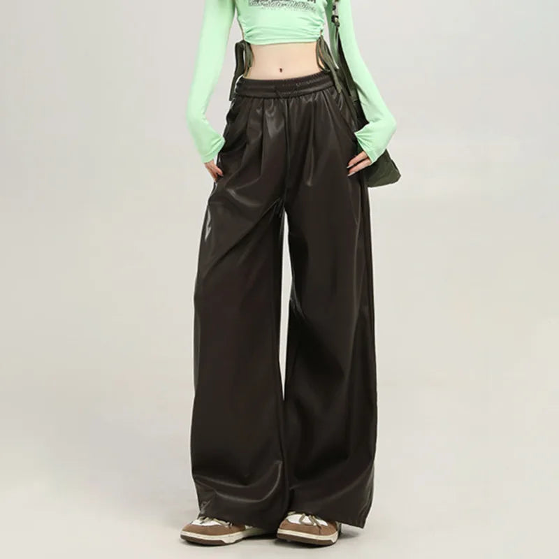 Women's Wide Leg PU Pants High Waist Faux Leather Streetwear Trousers
