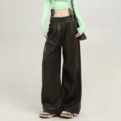 Women's Wide Leg PU Pants High Waist Faux Leather Streetwear Trousers