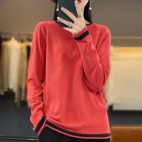 Womens Cotton Linen Sweater Color Block Crew Neck Lightweight Spring