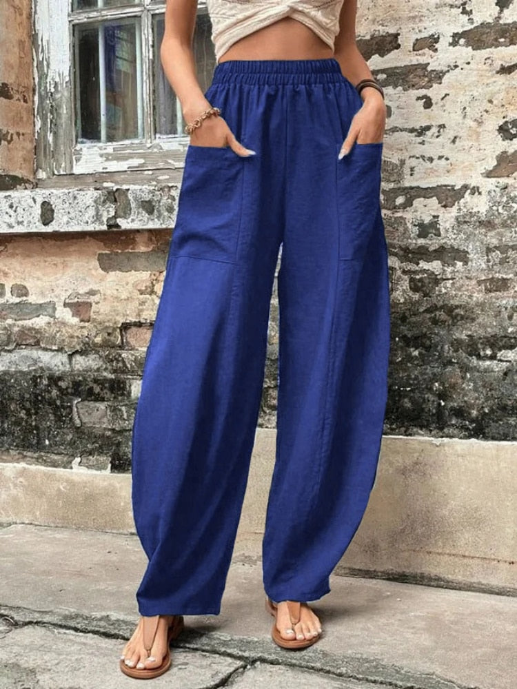 High Waisted Women's Harem Pants with Pockets Casual Beach Baggy Trousers