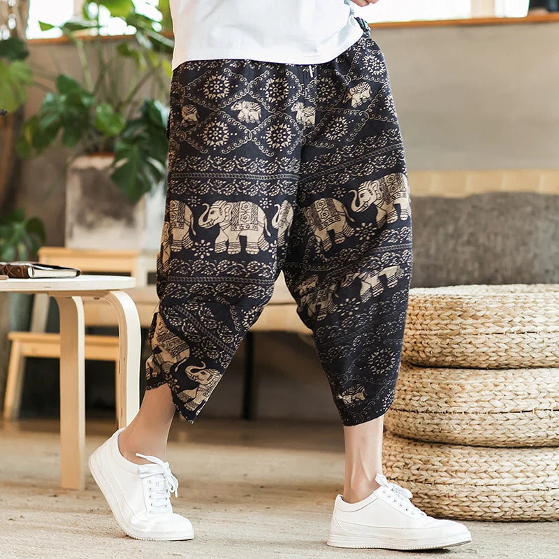 Harajuku Summer Loose Calf Length Casual Pants Cotton Linen Baggy Pants