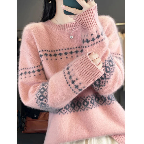Womens Wool Sweater Jacquard Crew Neck Oversized Pullover