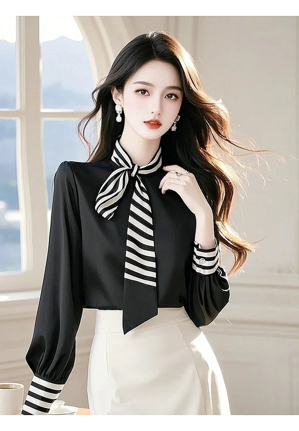 Womens Chiffon Blouse Bow Tie Long Sleeve Korean Office Loose Fit