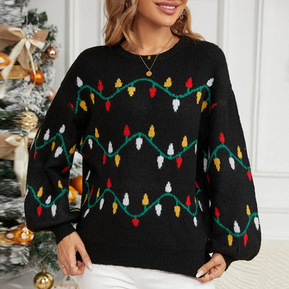 Women’s Christmas Knitted Sweater – Fashion Loose Pullover with Holiday Lights Design