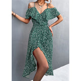 WAYOFLOVE Ladies Sexy Straps Dress Women Green Casual Beach Dresses Female Floral Print Dress - xinnzy