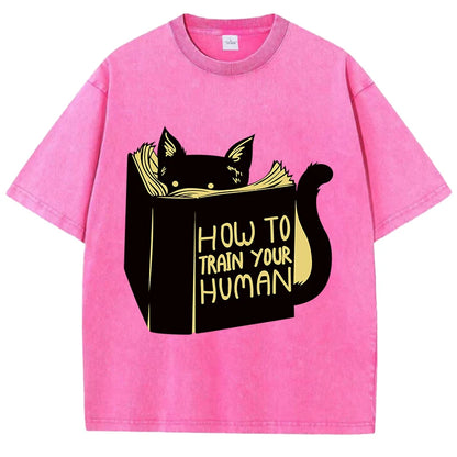 Smart Cat Reading Print T-Shirt Men Summer Vintage Water Wash