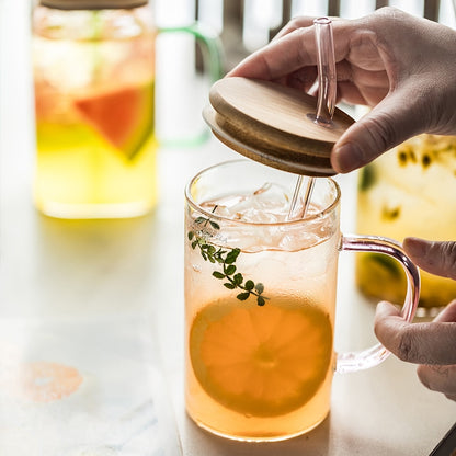 Glass Straw With Colorful Handle Milk Tea Mugs Iced Coffee Cup