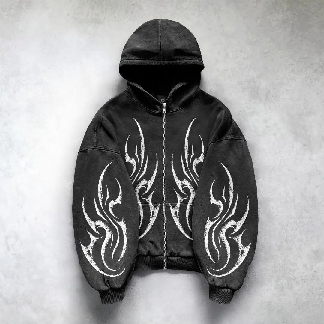 Detailed Tribal Fire Design Hip-Hop Men Hoodie