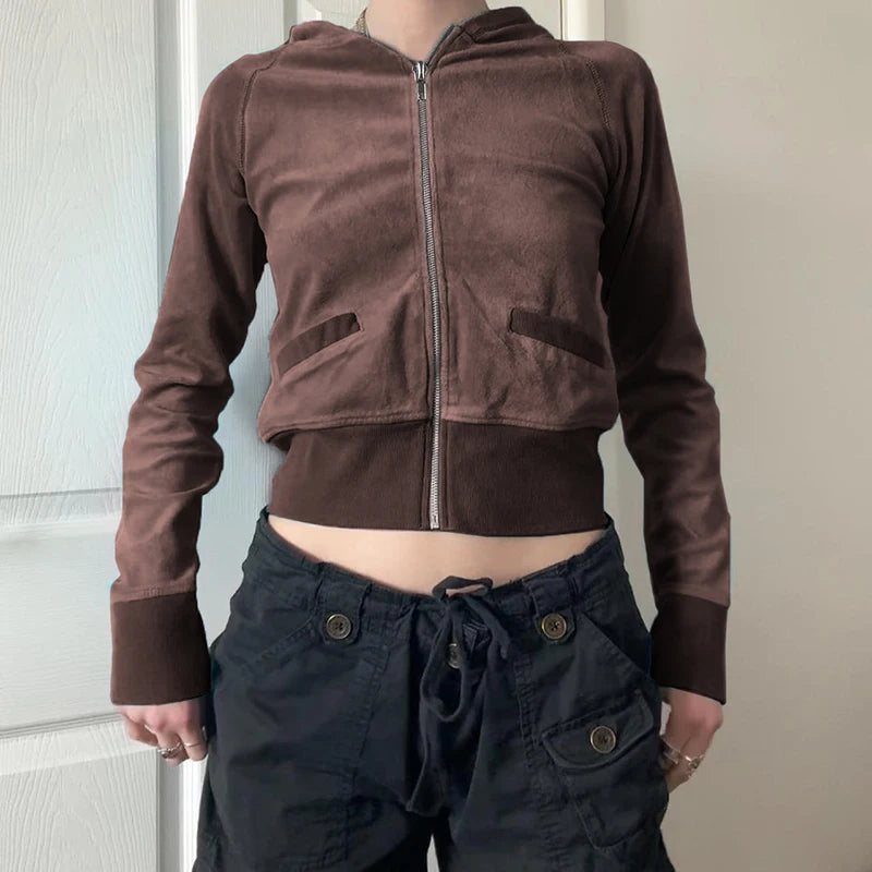 Casual Brown Zip-Up Cropped Hoodie