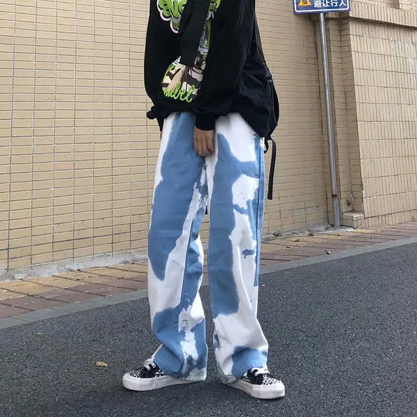 Mens Tie Dye Jeans Wide Leg Gradient Wash Streetwear Dad Fit Denim