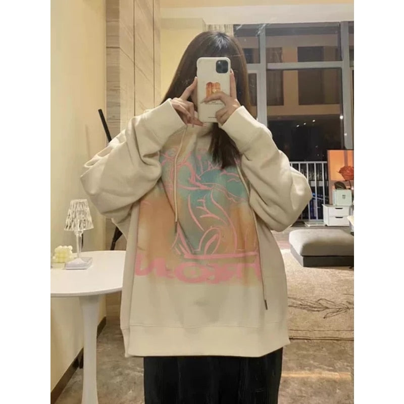 Harajuku Beige Farbe Frauen Hoodie Mode Cartoon Oversize Casual