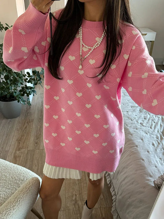 Pink Heart Sweater Women Winter Oversized Pullover