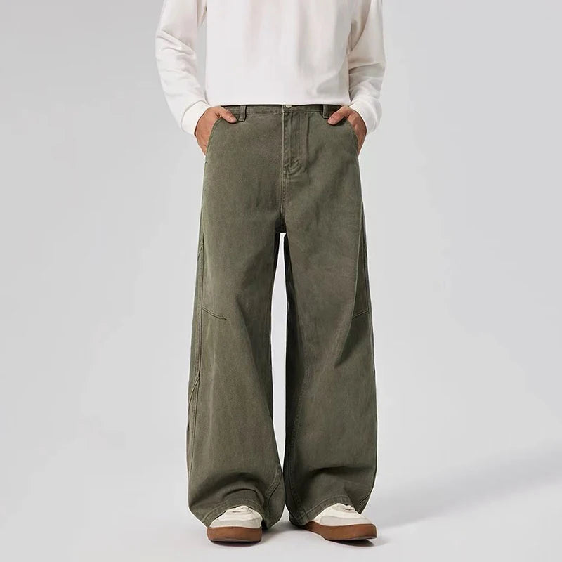 Mens Deconstructed Vintage Jeans Wide Leg Straight Fit Drape Style