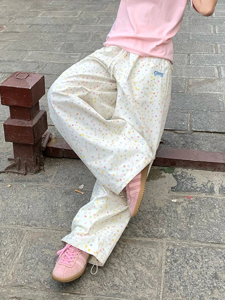 Womens Stars Print Cargo Pants High Waist Wide Leg