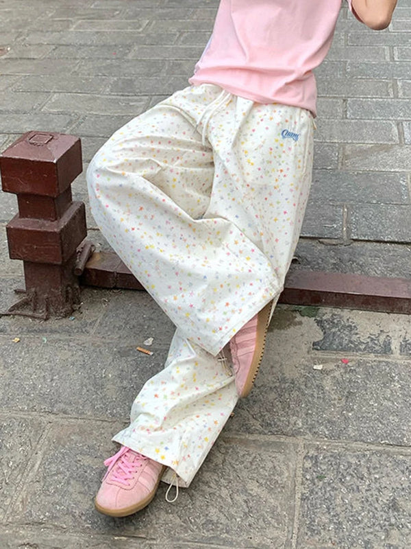 Womens Stars Print Cargo Pants High Waist Wide Leg