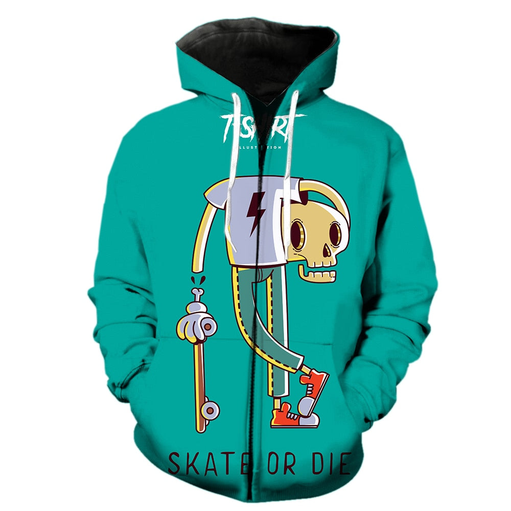 Cartoon Skull Skateboard Zipper Hoodie Cool 3D Print Streetwear for Men