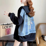 Diamond Patchwork Denim Hoodie Jacket Y2k Thin Zip-up Spring Fall