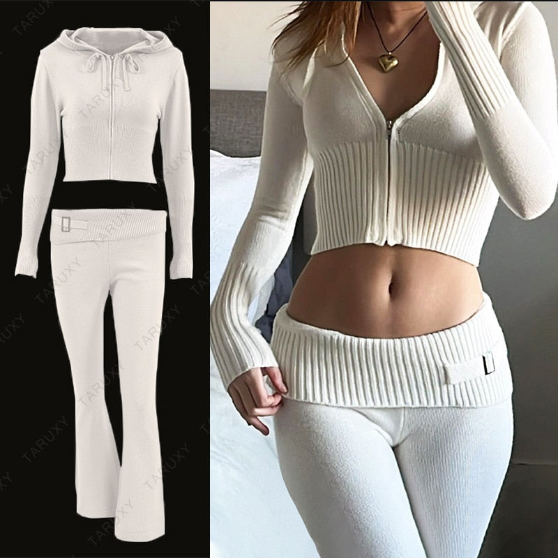 Women Y2k Sweater Hoodie Outfits Casual Zipper Set High Waist