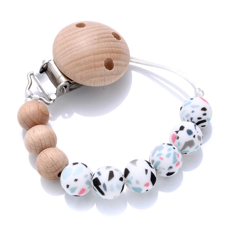 Wooden Pacifier Clip Silicone Beads Baby Teether Toy