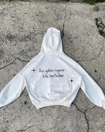 Fashionable 2025 Abstract Print Hoodie Men’s Casual White Top