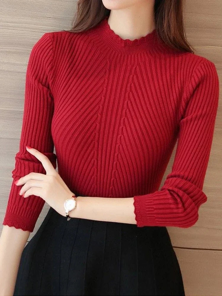Autumn Women Mock Neck Ruffles Sweater Long Sleeve Knitted