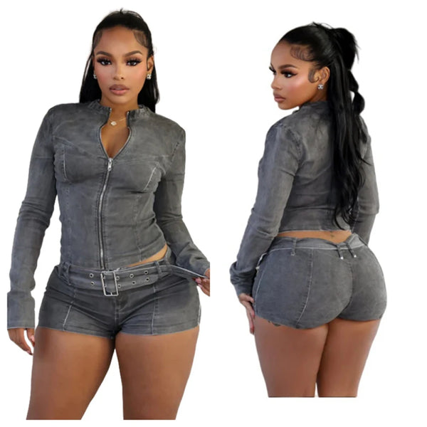 Y2K Jean Outfit Women Zip Up Jacket & Shorts Set Streetwear Style