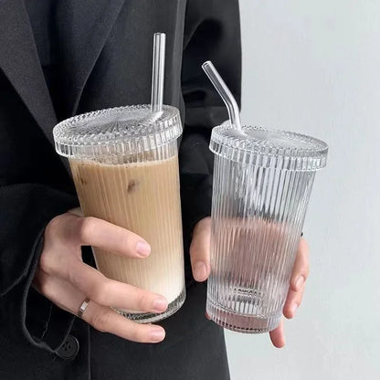 375Ml Stripe Glass Cup with Lid Straw Japanese Style Drinking Chic Mugs