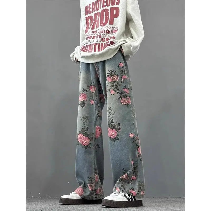 Artistic Floral Baggy Jeans Relaxed Fit Vintage Denim for Men