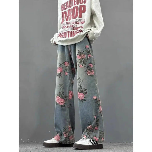 Artistic Floral Baggy Jeans Relaxed Fit Vintage Denim for Men