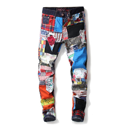 Jeans Straight Denim Men Patchwork Ripped Embroidered Stretch Trendy