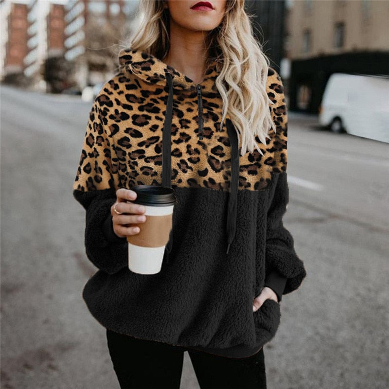 Women Hoodies Leopard Zipper Tops Long Sleeve