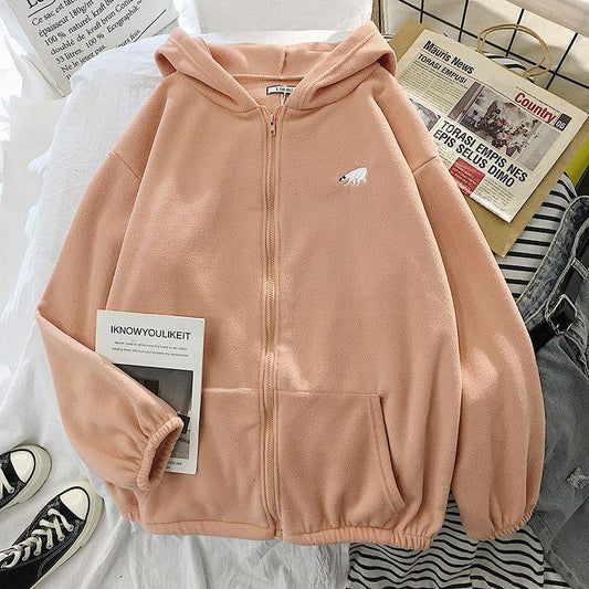 Women Hoodie Korean Fashion  Printing Loose Plush Zipper