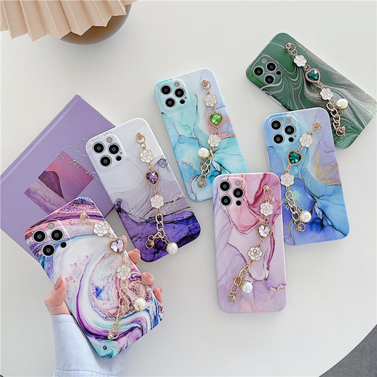 Marble Pearl Love Heart Bracelet Phone Case For iPhone Colorful