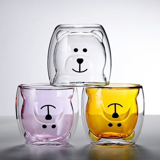 Double Glass Cup Coffee Mug Bear Cat Dog Animal Transparent Cute
