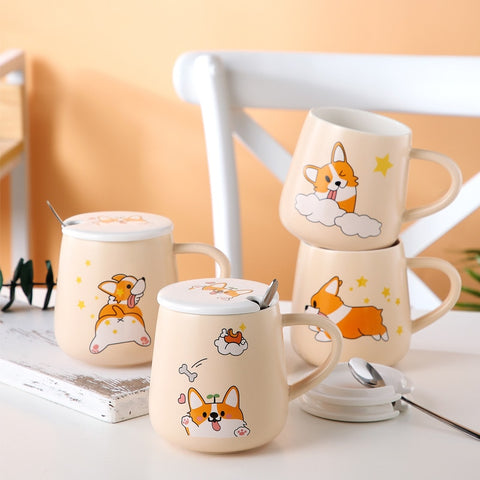 Cartoon Ceramics Corgi Mug With Lid and Spoon Coffee Milk Tea
