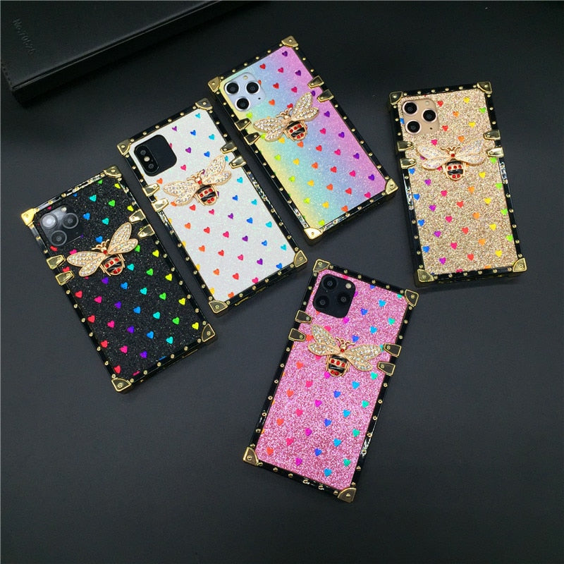 Luxury Square Case for iPhone  Fashion Heart Glitter Bee Cover Phone