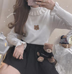 Bear Embroidery Sweaters Fashionable Cute Ruffle Turtleneck Pullovers for Women, Embracing Japan Style