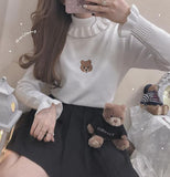 Bear Embroidery Sweaters Fashionable Cute Ruffle Turtleneck Pullovers for Women, Embracing Japan Style