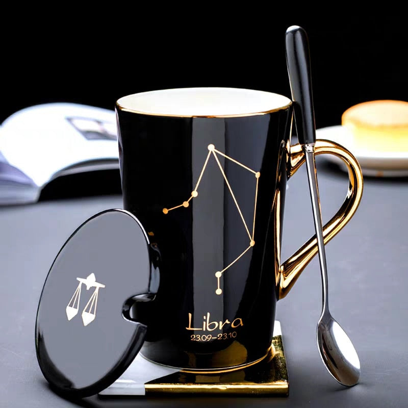 Ceramic Mugs Constellations Creative Glass with Spoon Lid Black and Gold Porcelain