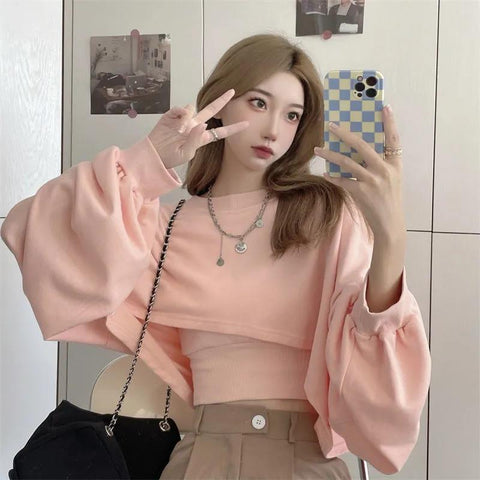 Two Piece Suit Hoodies Pullovers Women Korean Loose Bat Sleeve