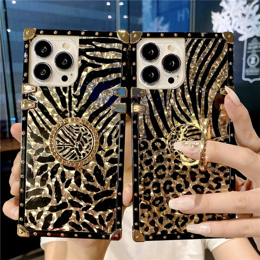 Leopard feather diamond ring stand metal  case for iphone